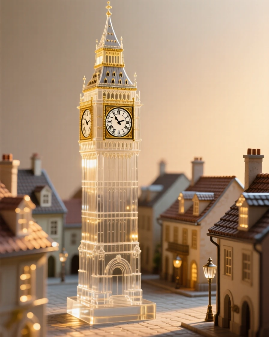 A clocktower rising above the rooftops of an old town square as golden light spills across the surrounding courtyard