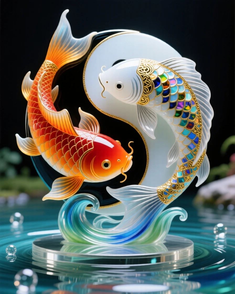 A Chinese yin-yang symbol formed by two koi fish swirling in a pond, harmonious and balanced.
