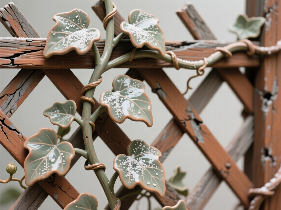 A trailing ivy climbing a weathered trellis captured at the peak of full bloom, dusted with fine pollen, stirring feelings of peace and gentle growth.