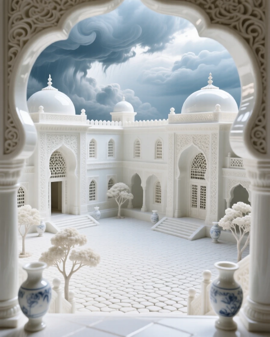 A grand view of a grand palace courtyard, framed by dramatic storm clouds clearing.