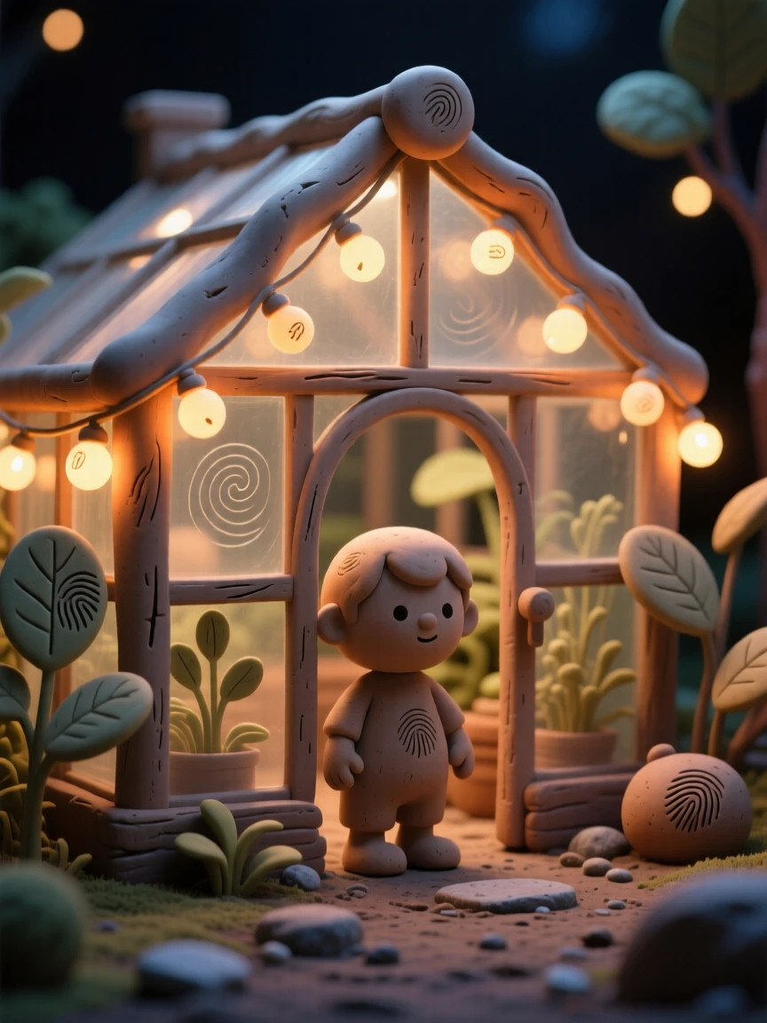 A hidden greenhouse glowing softly with fairy lights at night
