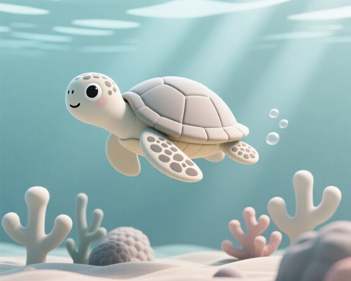 A curious sea turtle glides gracefully above a coral reef, sunlight rippling across its speckled shell.