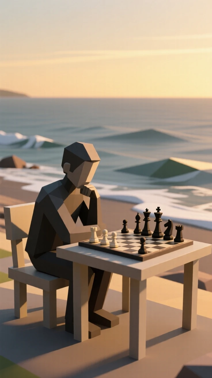 A chess player deep in thought over a game, at golden hour by the coastline. the composition balances subject and open space. A quiet passion fills the moment.