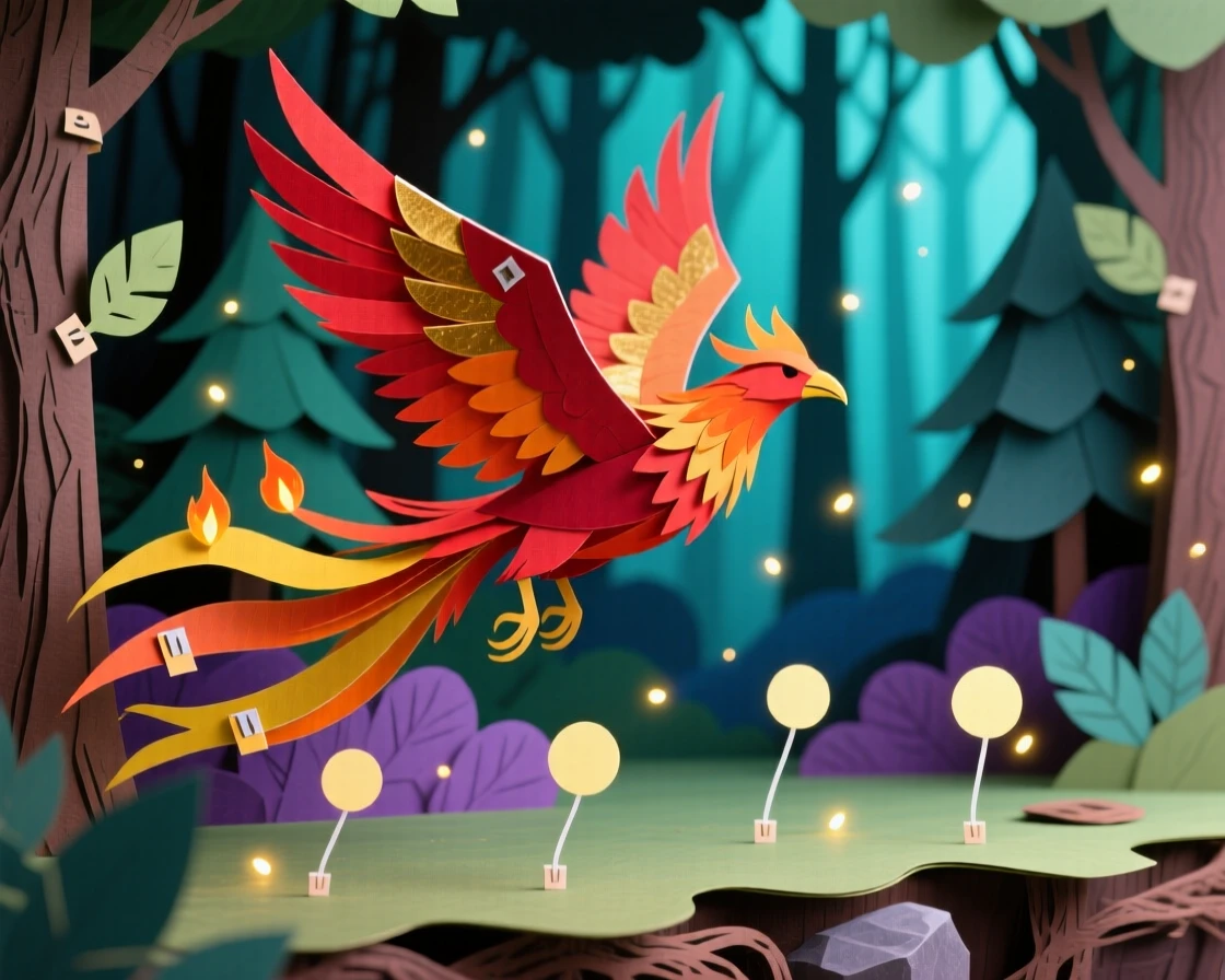 A phoenix in mid-flight standing at the edge of an enchanted forest, with glowing particles floating like fireflies, capturing dramatic tension and adventure.