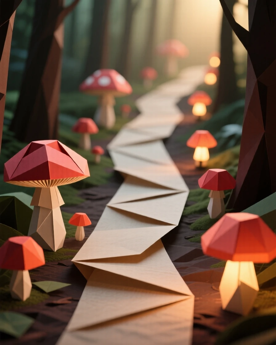 A hidden forest path where mushrooms light the way like a string of lanterns.