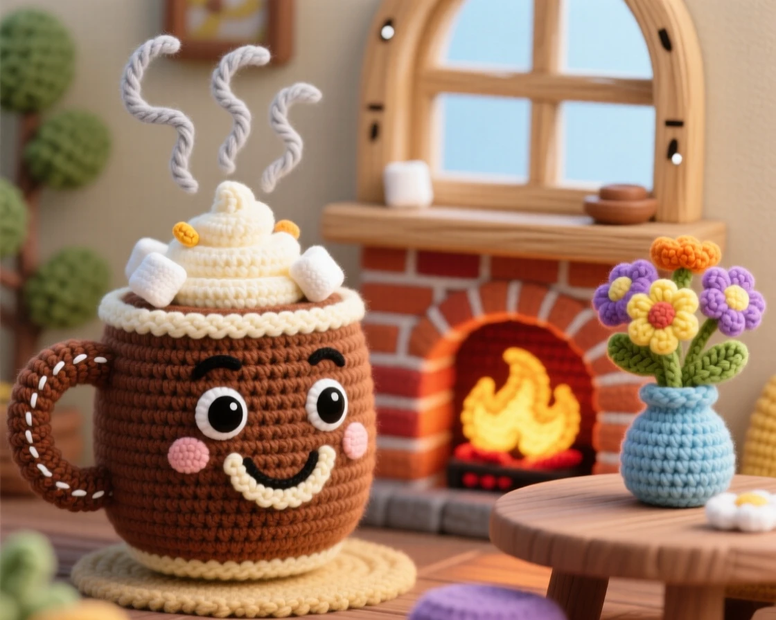A delightful still-life of a cheerful hot chocolate mug character topped with whipped cream and marshmallows, steaming beside a cozy fireplace within a cheerful cafe window display; a small vase of wildflowers on the table nearby, full of a cozy sense of shared treats.