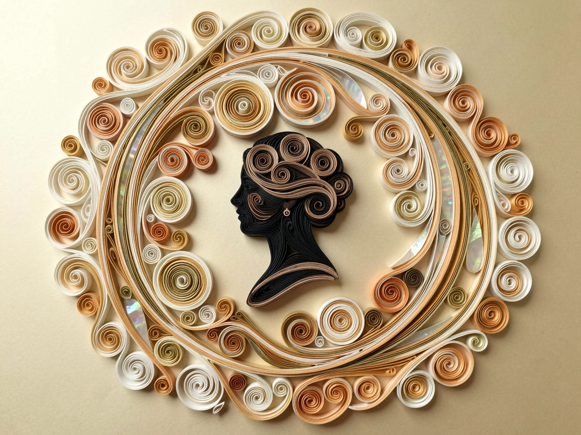 An elegant design featuring a Victorian-inspired cameo silhouette portrait, spiraling outward in a hypnotic rhythm, with a subtle iridescent shimmer, mounted on a champagne-colored panel.