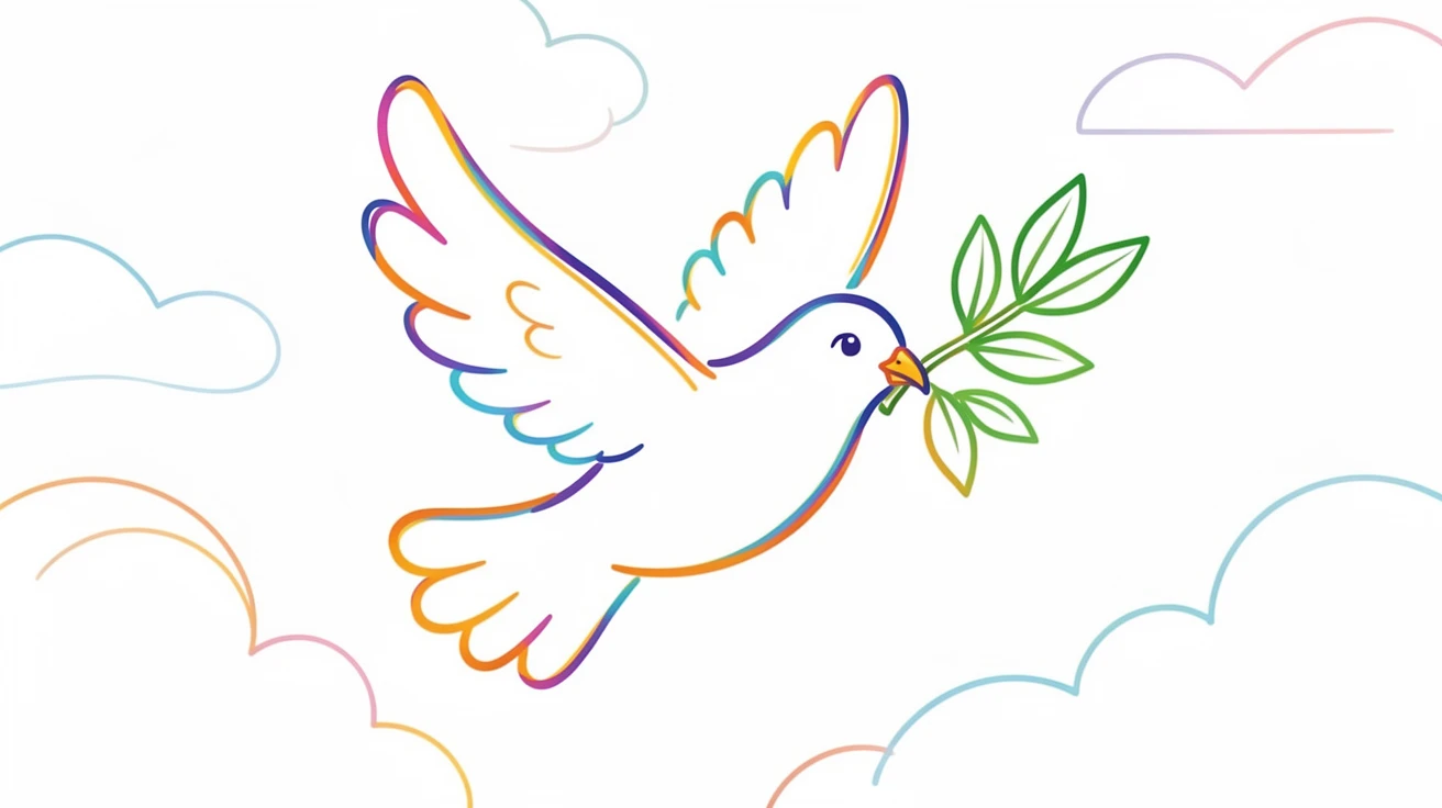 A dove carrying an olive branch across a peaceful sky.