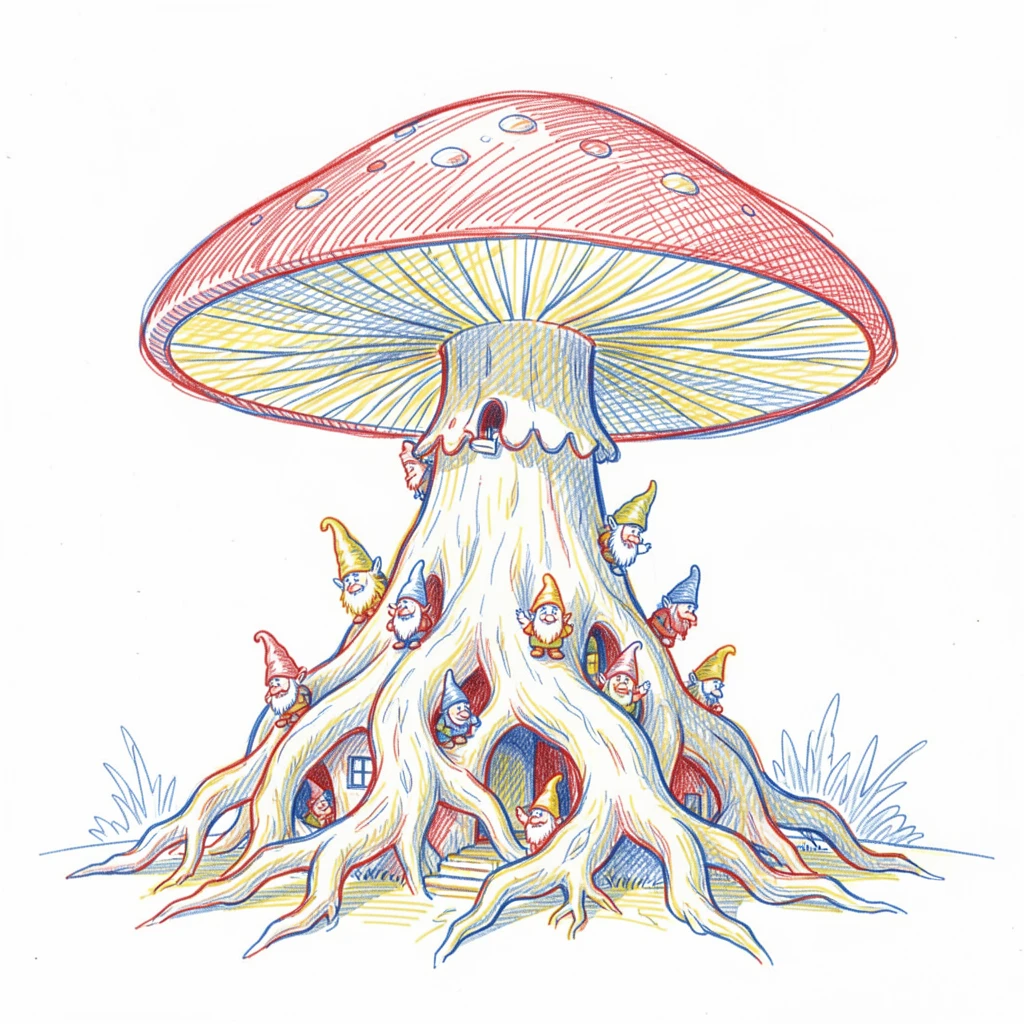 A hidden village of gnomes built into the roots of a giant mushroom