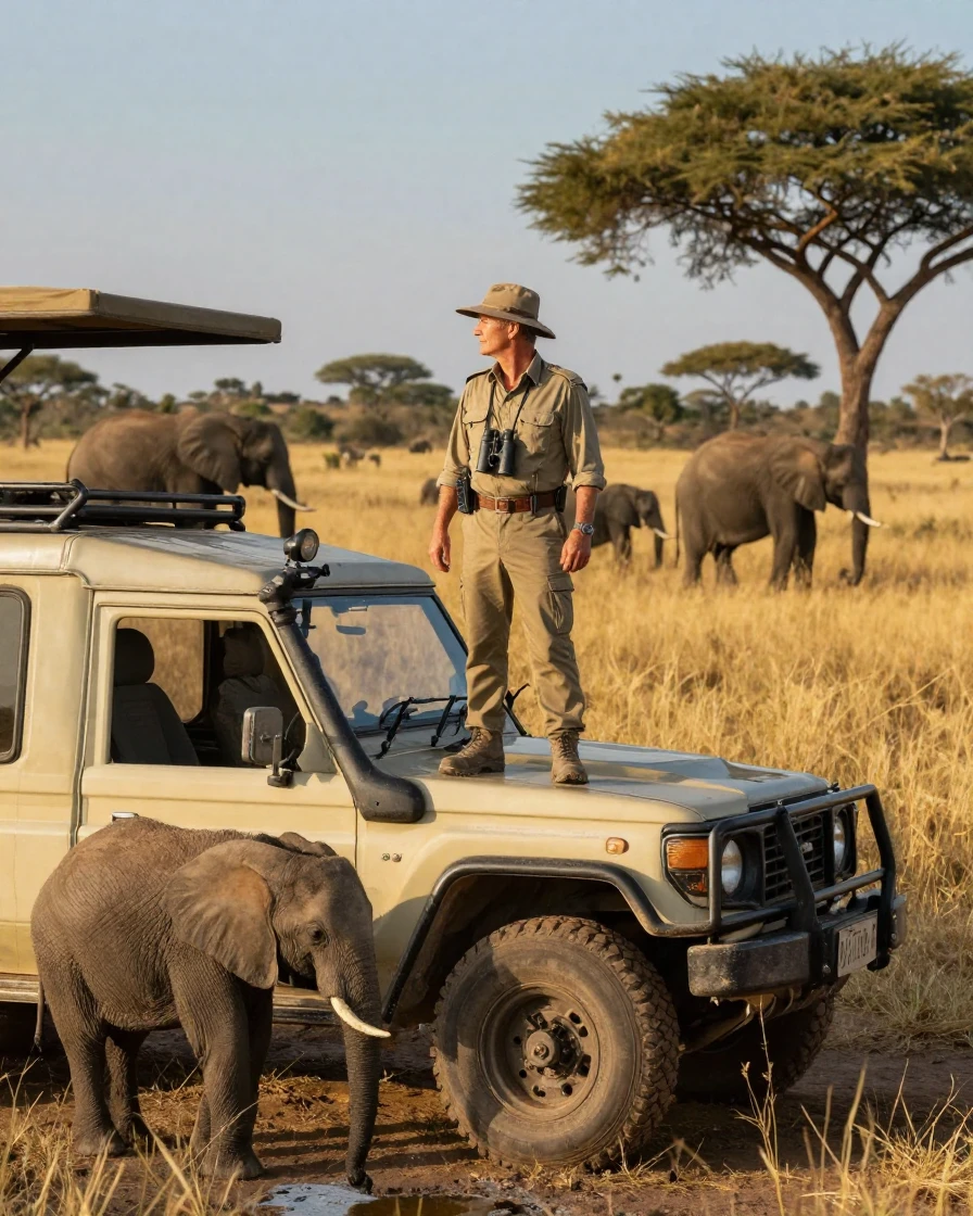 A wildlife ranger monitoring elephants from a safari jeep