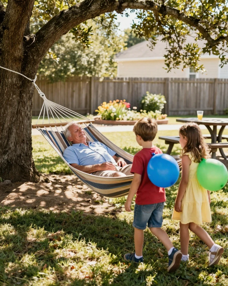 A grandfather naps in a hammock strung between two trees while his grandchildren tiptoe past with water balloons.