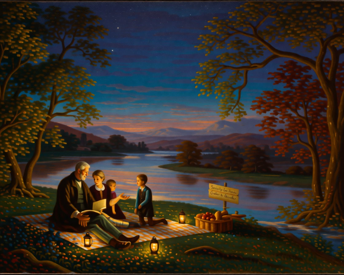 Grandparents and grandchildren tell stories around a riverside picnic spot as candles are lit for the evening.