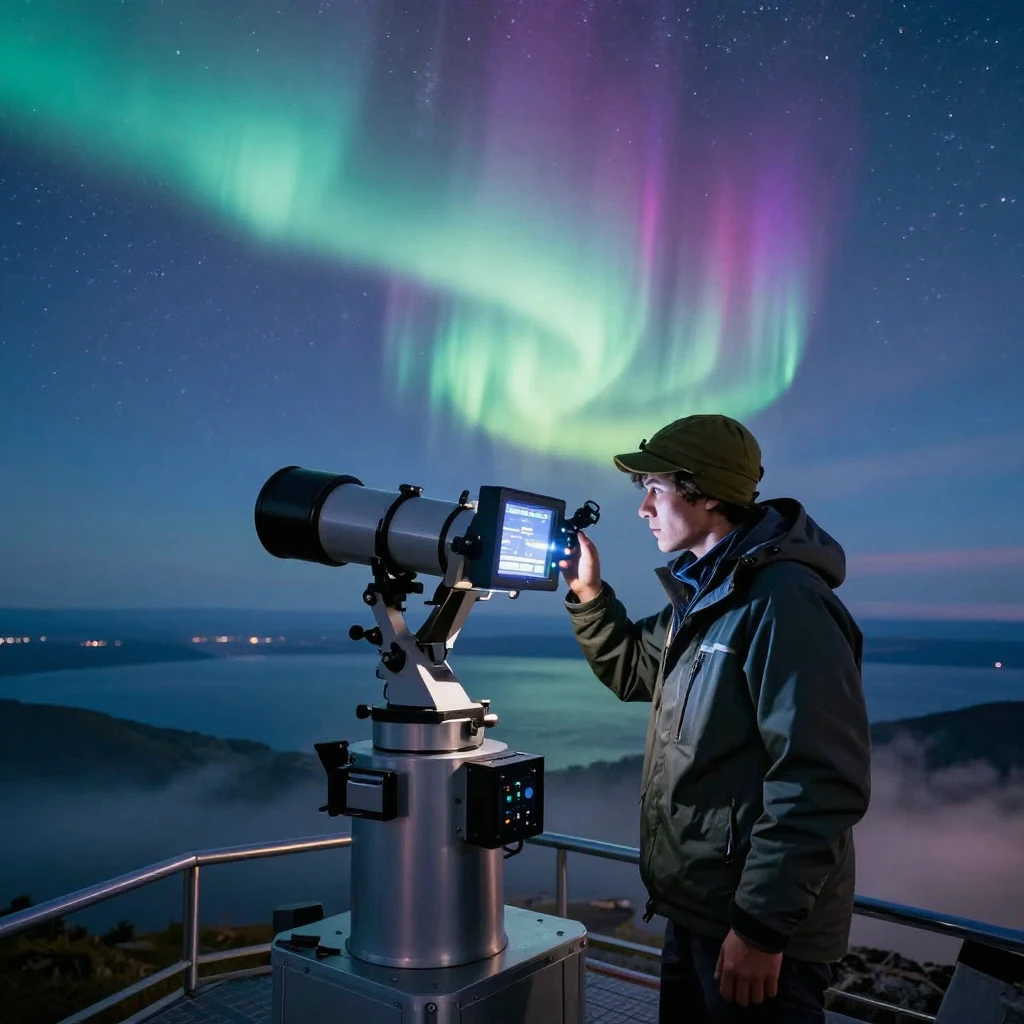 A young astronomer gathering data beneath the shimmering aurora above the curve of the Earth