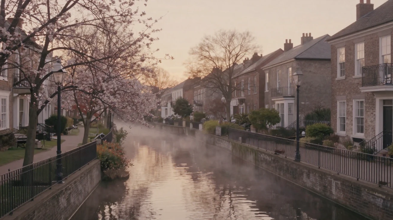 A quiet canal winding between historic townhouses at dawn, under a glowing sunset sky, as mist rises off the ground, as spring blossoms unfurl, in soft muted pastels, in a tight close-up.