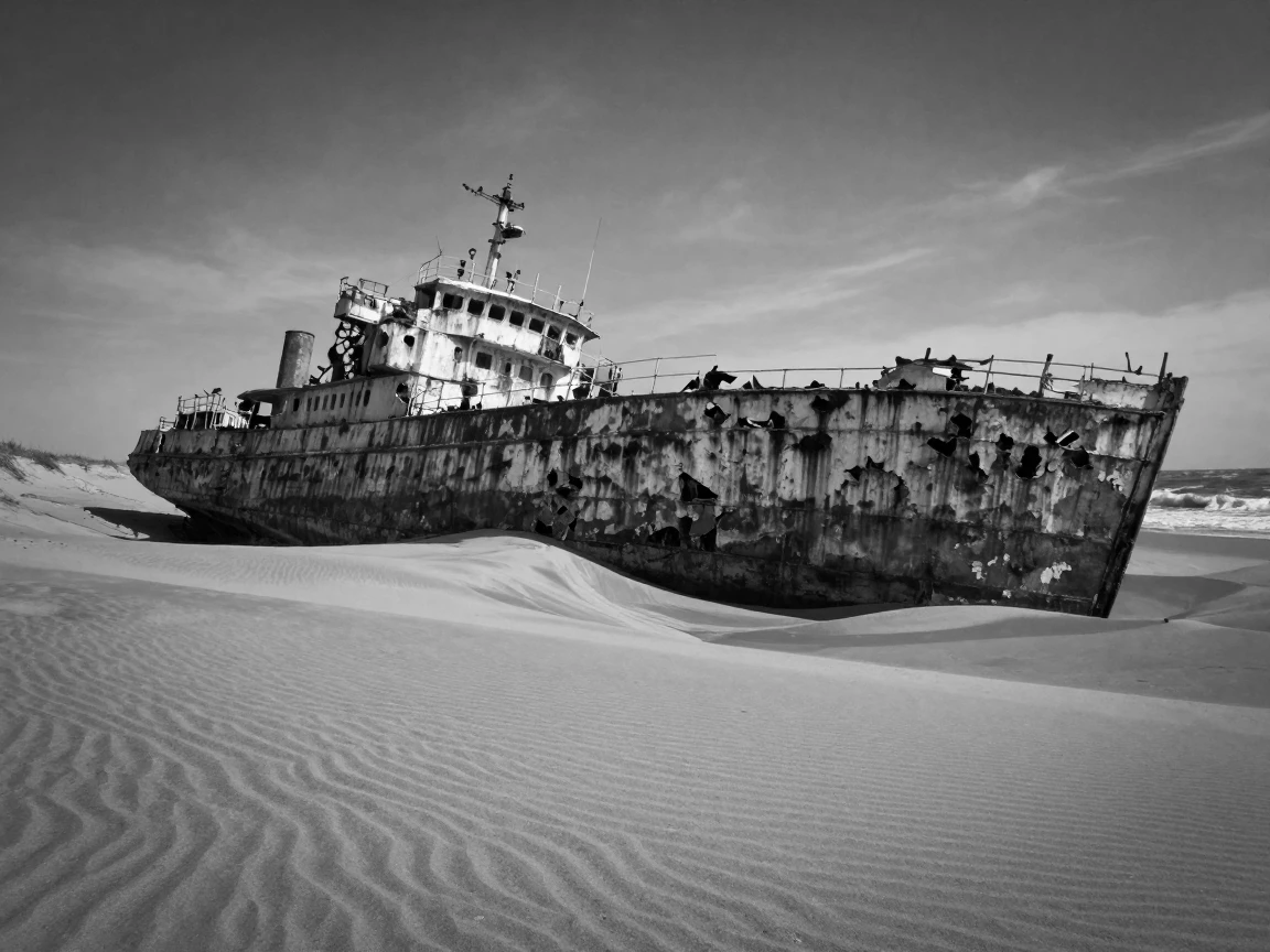 A shipwreck rusts slowly on a deserted shore half-buried in coastal dunes.