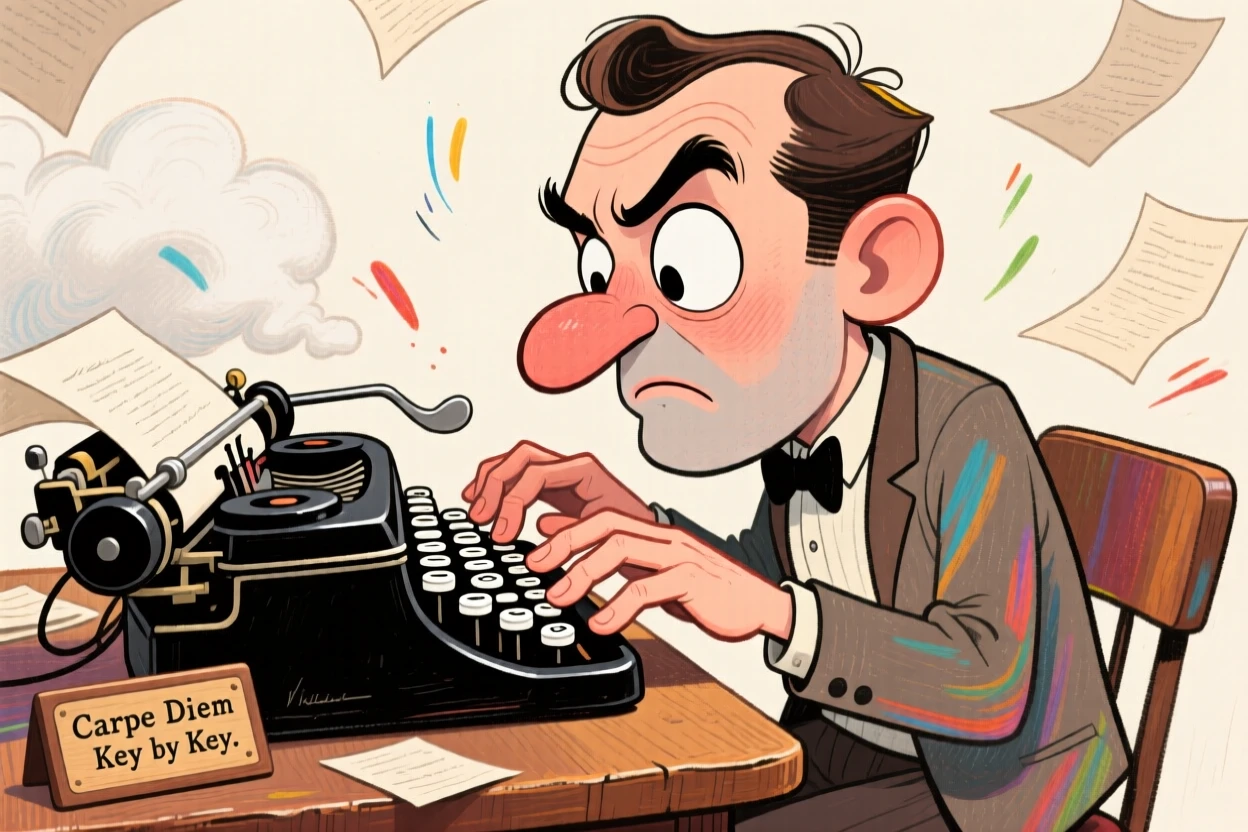 A vintage typewriter enthusiast clacking away at the keys with focused determination.