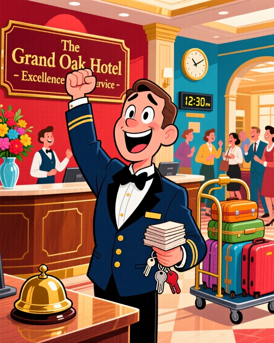 A vibrant profession-themed portrait of a friendly hotel concierge celebrating after finishing a difficult job, in a bustling and colorful workplace.
