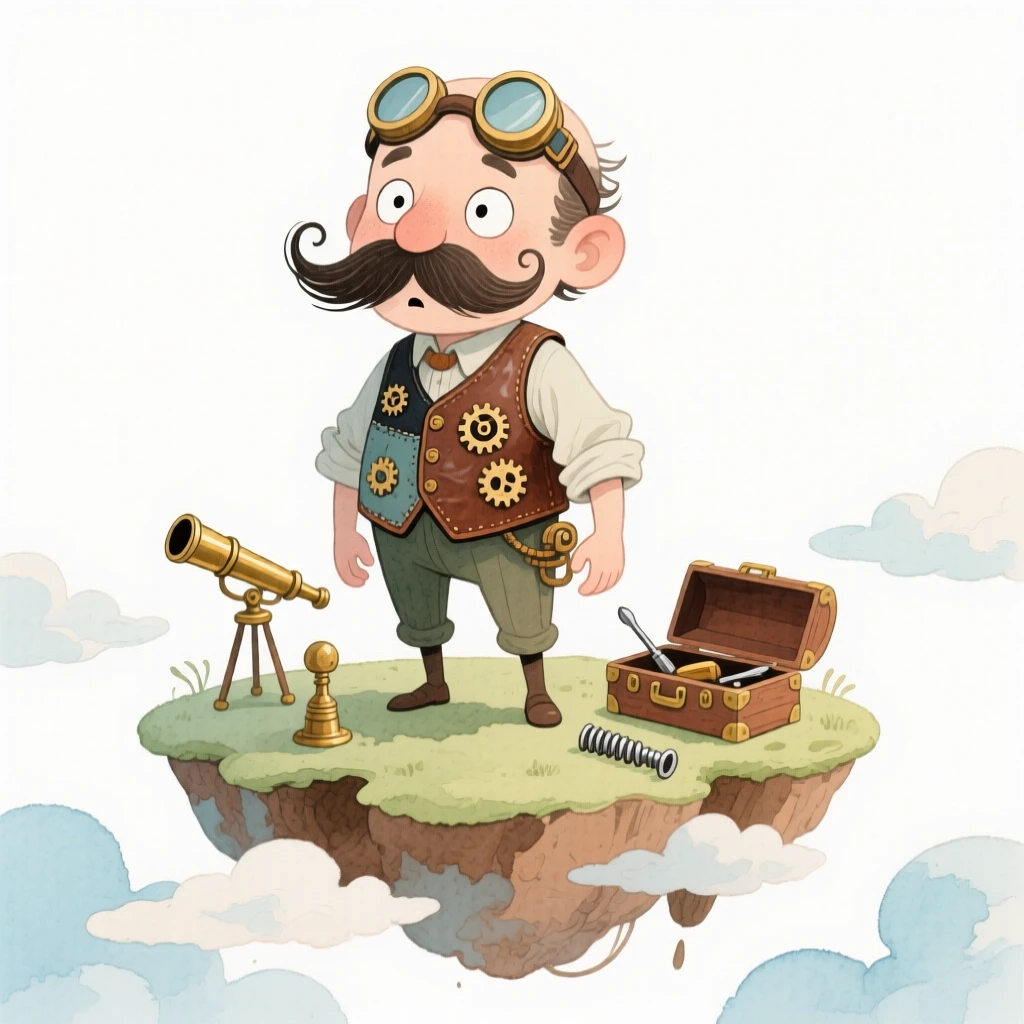 A steampunk inventor standing atop a floating island in the clouds
