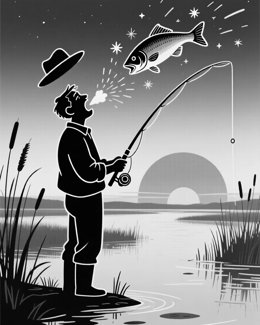 A fisherman silhouetted against a blazing sunset, sneezing so hard the hat flies clean off, set at the edge of a marshy wetland. Sparks drift upward into the night sky. It captures the quiet wonder of the changing seasons.