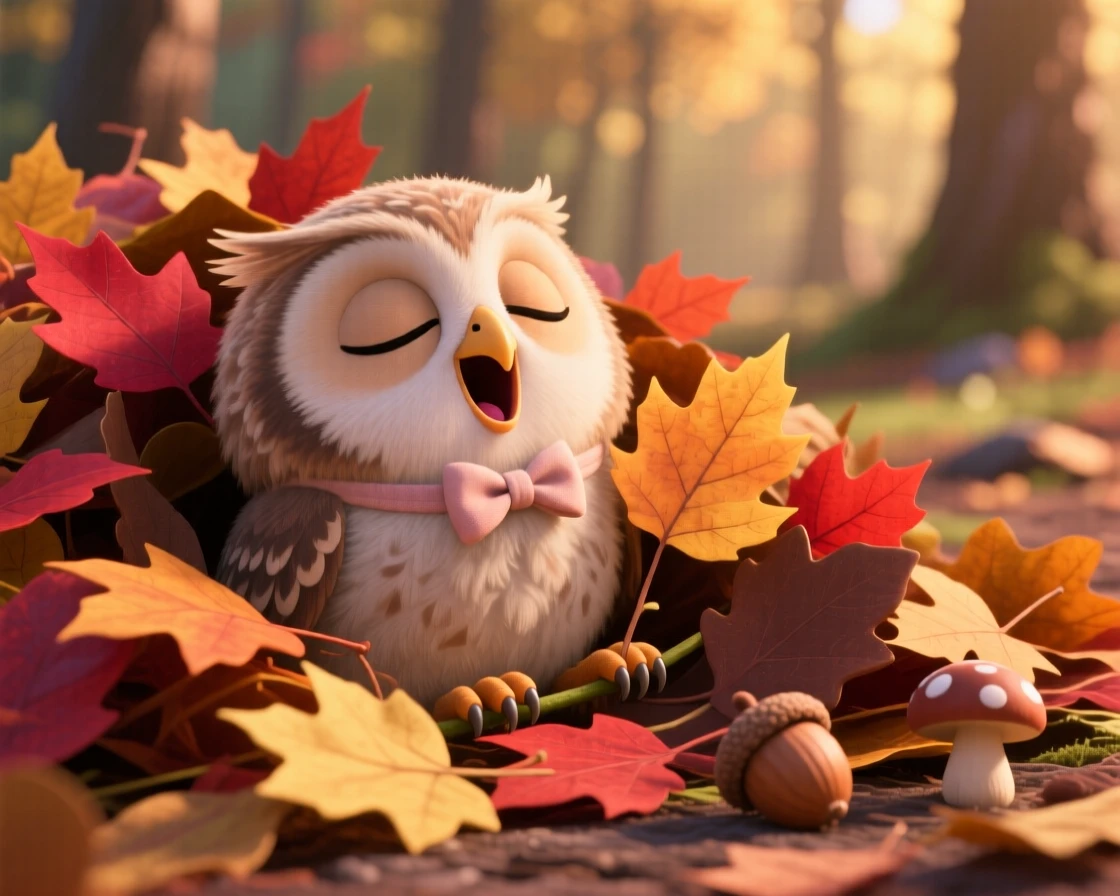 A fuzzy baby owl is peeking out from a pile of autumn leaves, yawning with a tiny open mouth. Playful joy radiates from the small creature, with a tiny bow tied around its neck.
