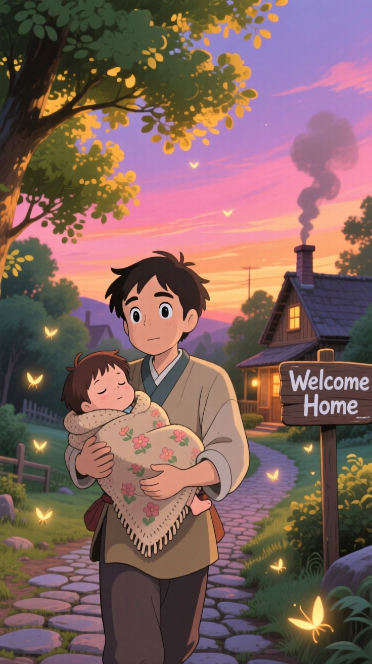 A father carrying his sleepy child home at dusk, the scene glowing with togetherness.
