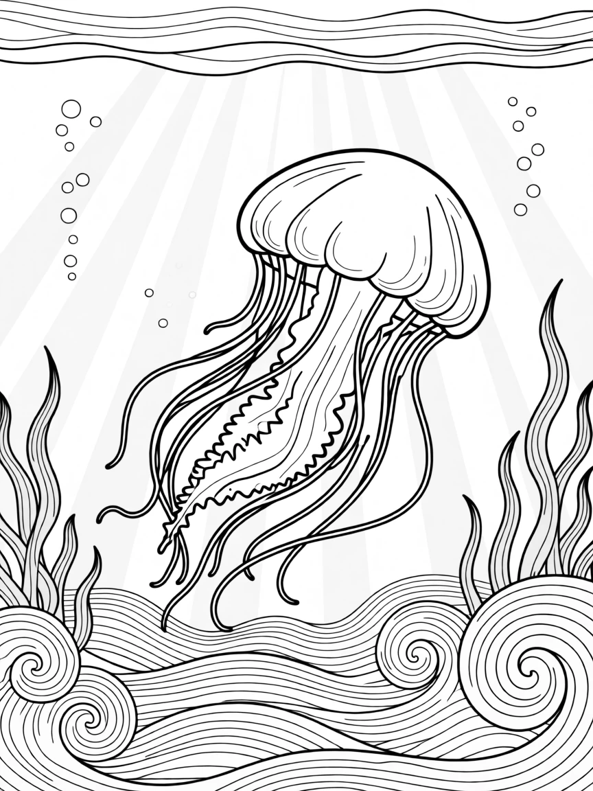 A jellyfish drifting through sunbeams in deep water, with swirling sand and drifting seaweed.