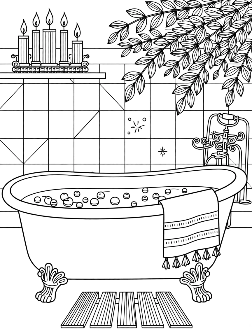 A candlelit bath scene with eucalyptus branches hanging nearby.