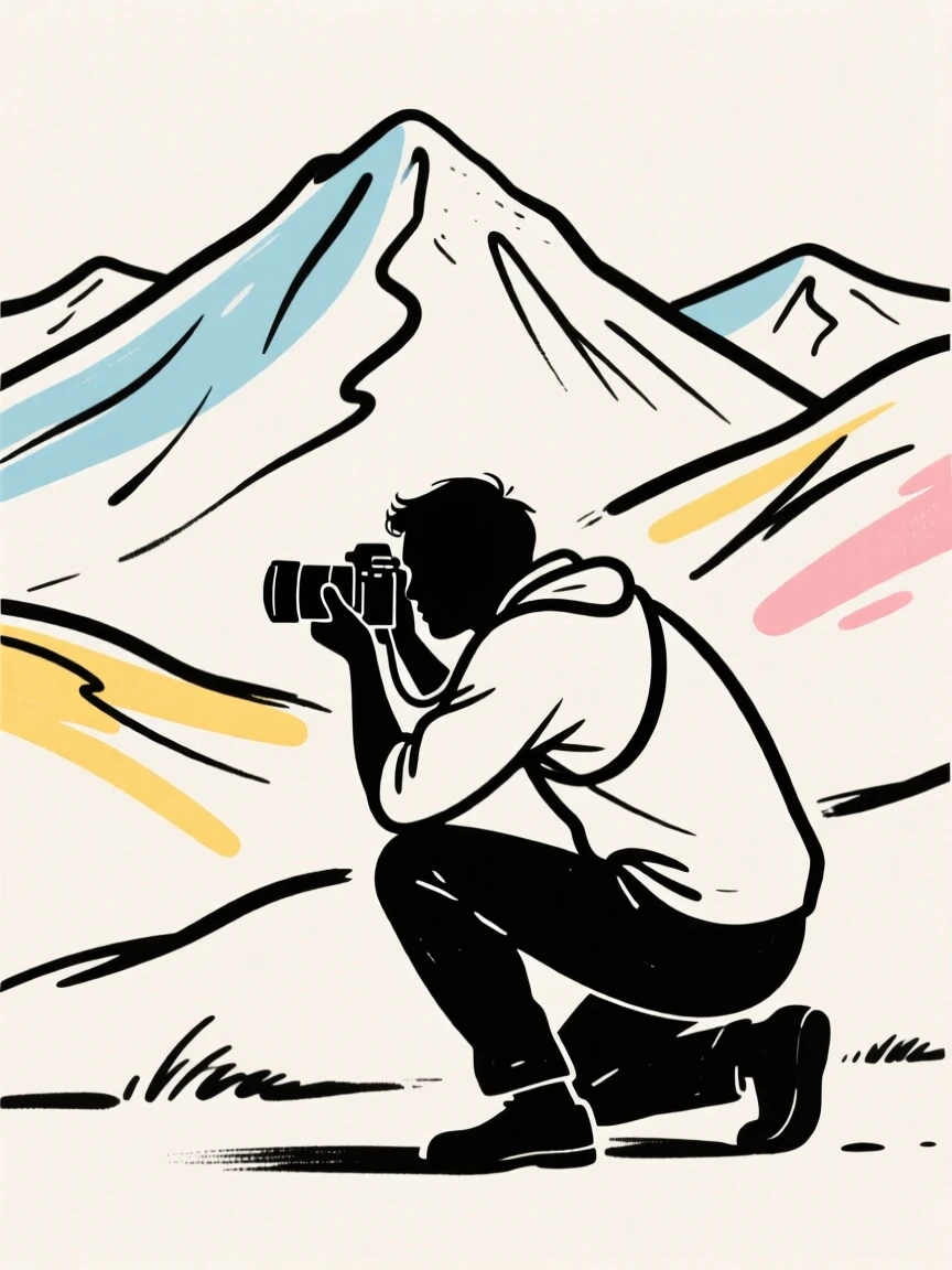 A photographer crouched low, capturing a shot of a mountain landscape.