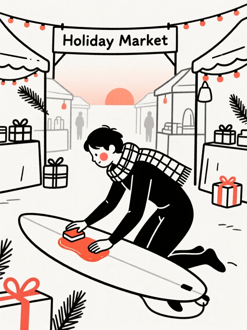 A surfer of scottish heritage waxing a board at dawn, resting in calm stillness, at a bustling holiday market.