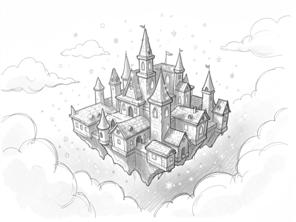 A magical, imaginative vision of a floating city drifting among the clouds within a city carved from luminous stone, with glowing spores floating like snow.