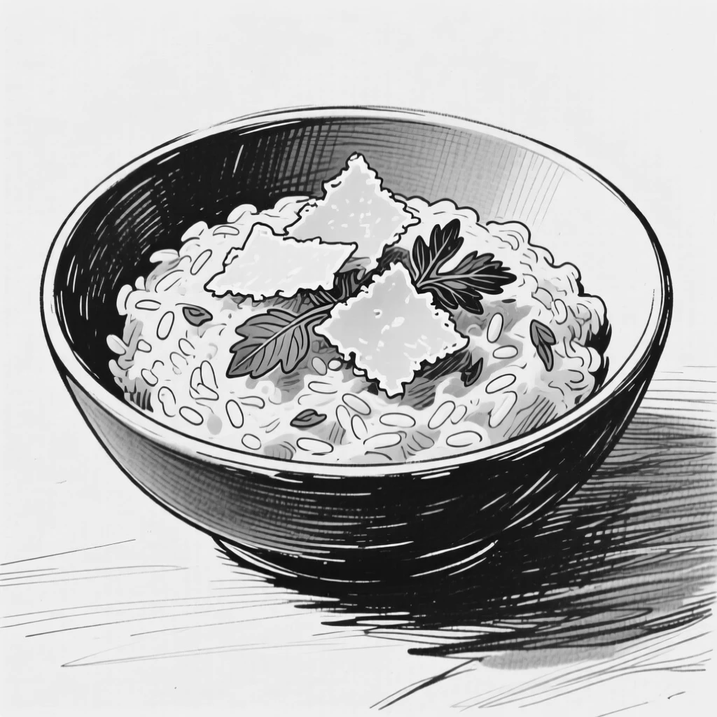 A bowl of creamy risotto topped with parmesan shavings and fresh herbs.