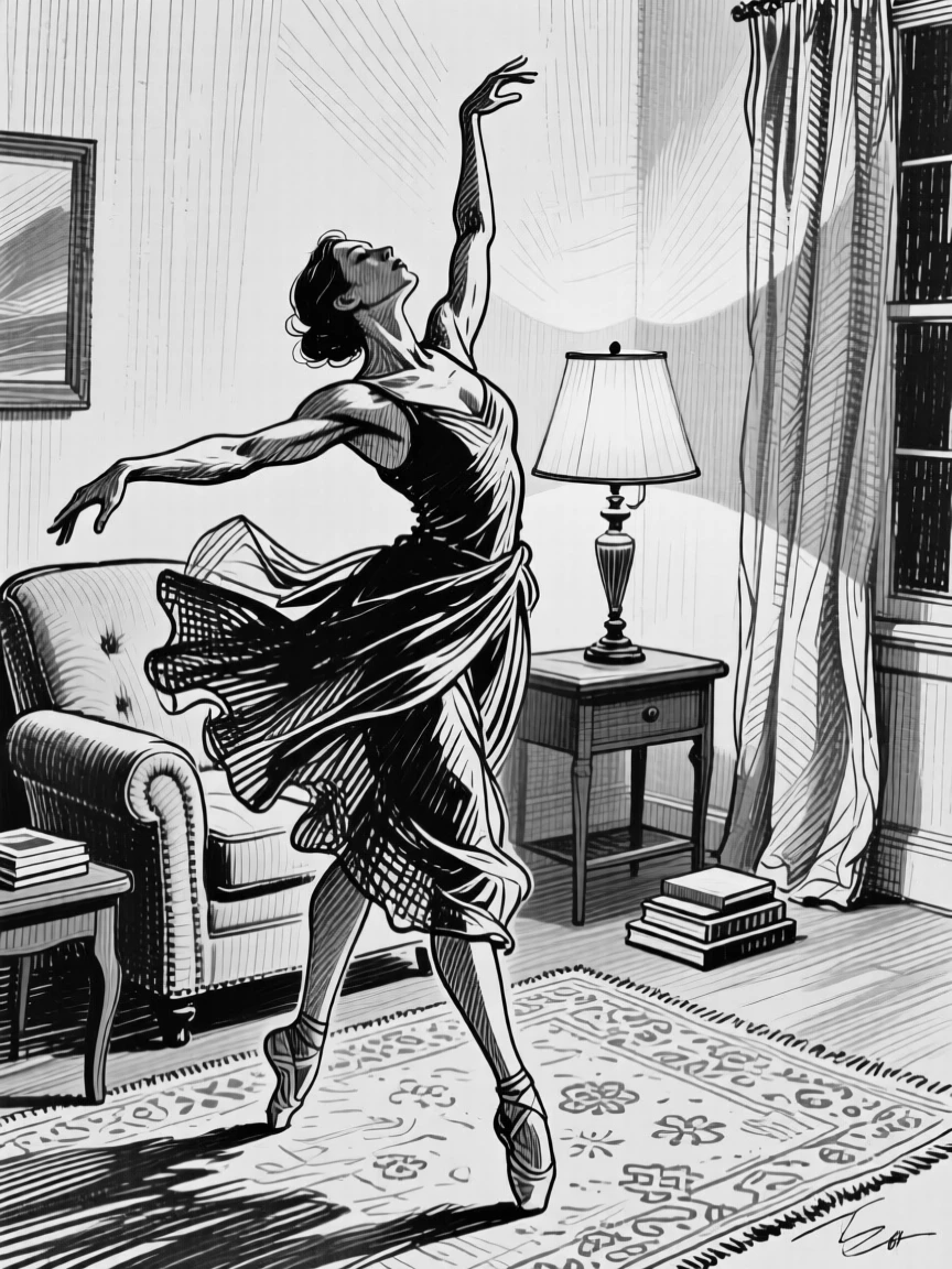 A dancer captured mid-motion within a warmly lit living room, with the glow of a nearby lamp softening the scene, creating a deeply comforting lifestyle scene.