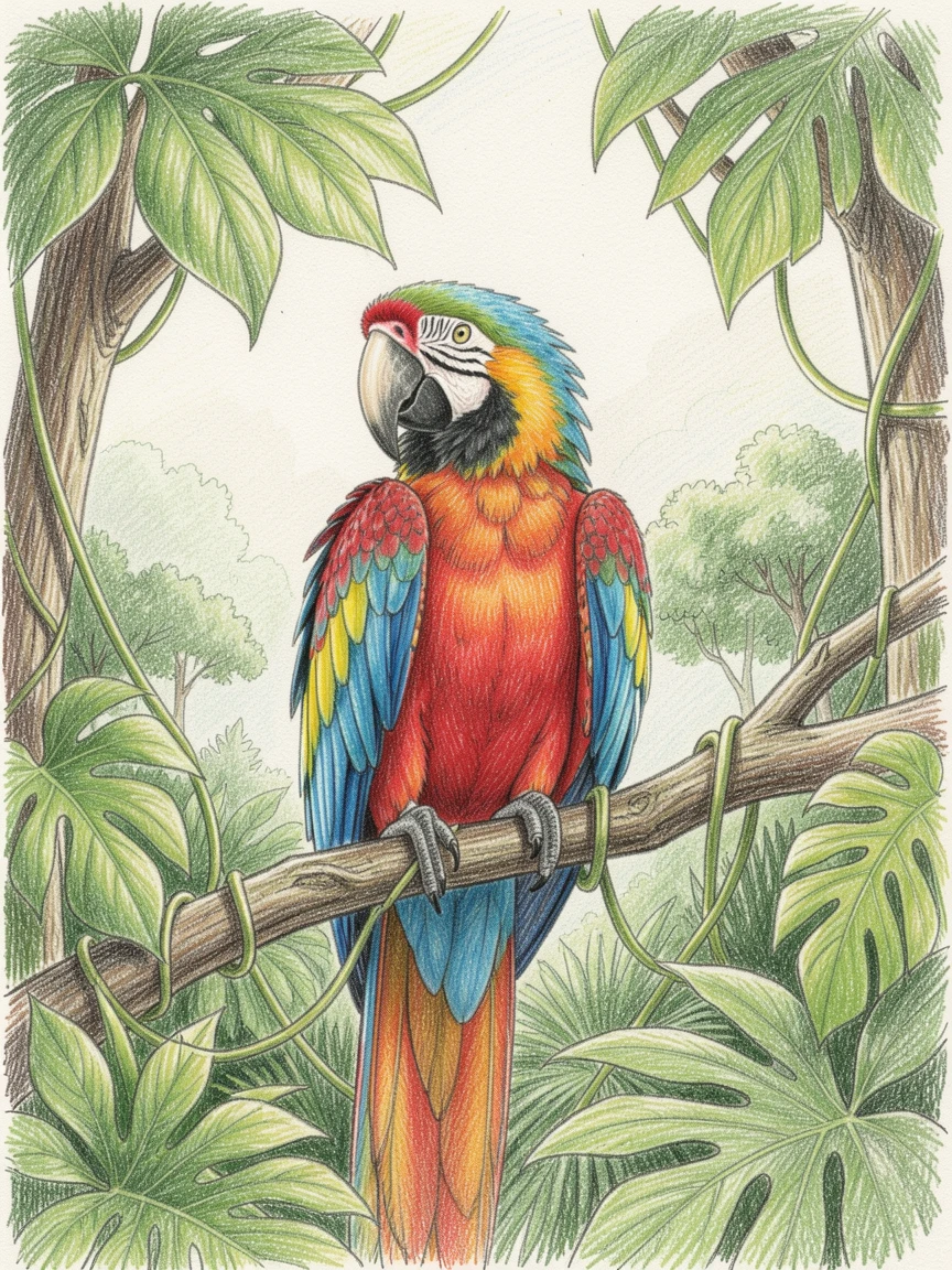 A colorful macaw perched in a lush rainforest canopy, framed thoughtfully to draw the eye toward the central subject, perfect for anyone drawn to gentle, heartfelt imagery.