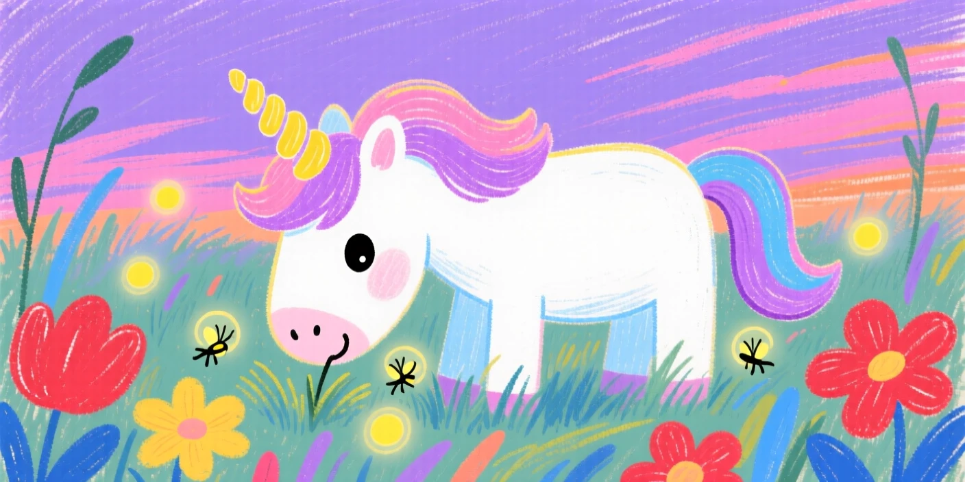 A unicorn grazing peacefully in a glowing enchanted meadow.