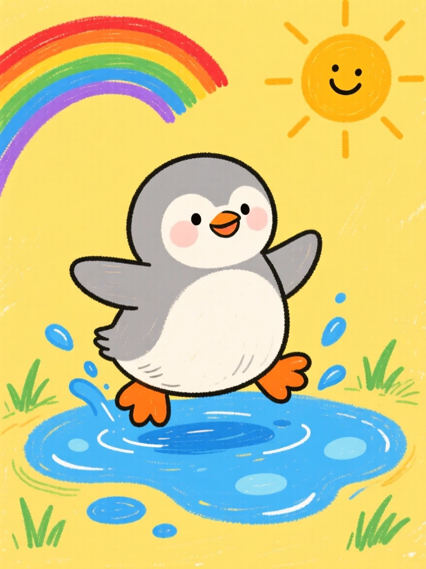 A tiny penguin chick splashing in a shallow puddle after rain.