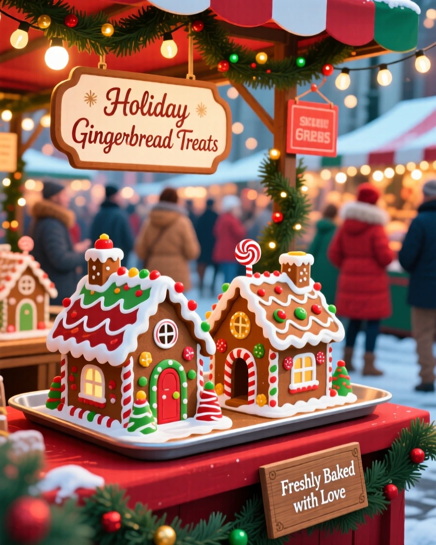 A colorful tray of holiday gingerbread houses, set within a bustling outdoor market stall, captured with a close, mouthwatering focus, with a joyful, celebratory feel.