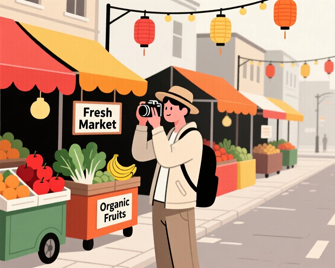 A traveler taking photos near a colorful market street.