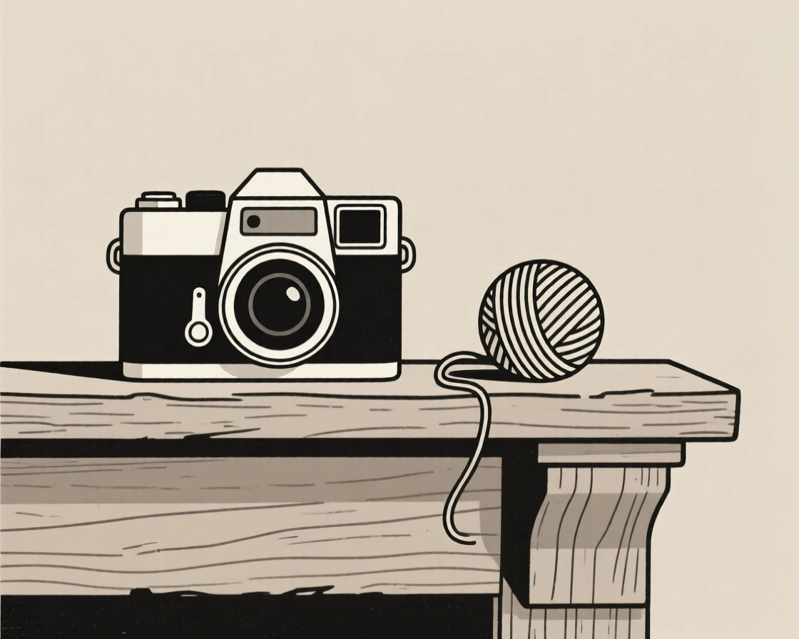 An old film camera resting on a rustic mantelpiece, surrounded by a ball of yarn, evoking nostalgic charm.