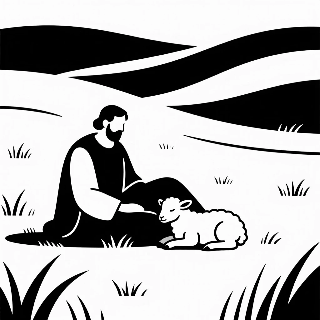 A shepherd resting with a lamb in a green pasture.
