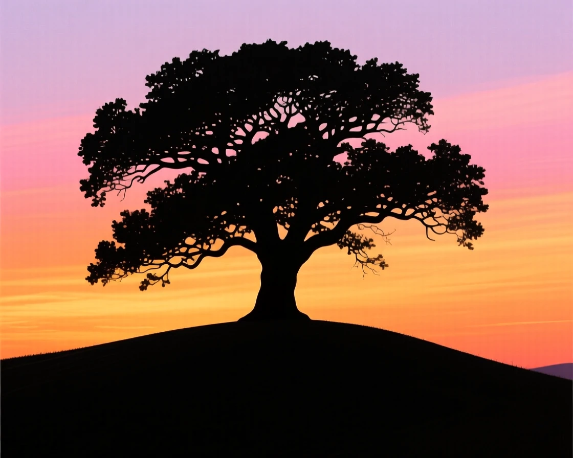 A single old oak tree standing at the crest of a rolling green hill.