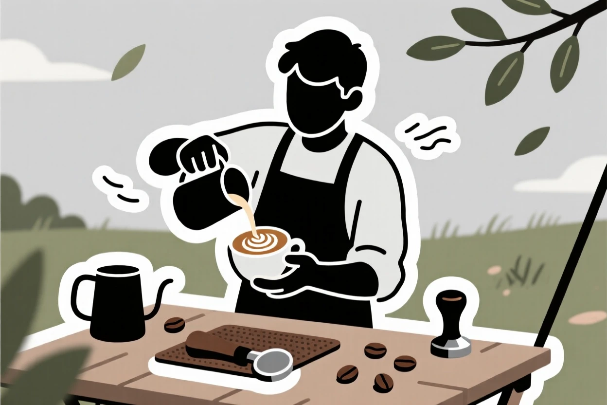 A peacefully immersed barista pouring latte art into a cup, with tools and supplies scattered nearby, outdoors surrounded by fresh air.