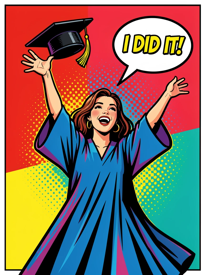A graduate tossing her cap into the air with pure joy
