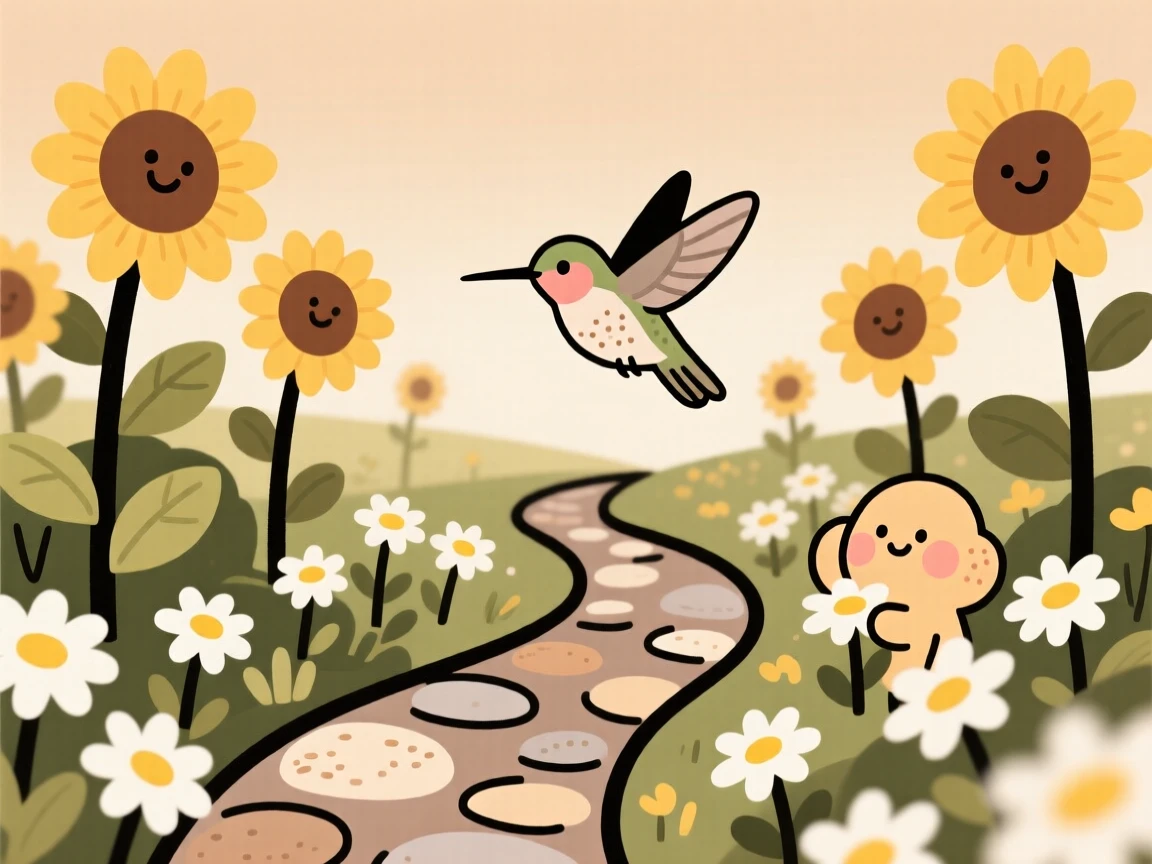 A winding path leads through a cottage garden bursting with sunflowers and daisies, where a hummingbird pauses among the blooms.