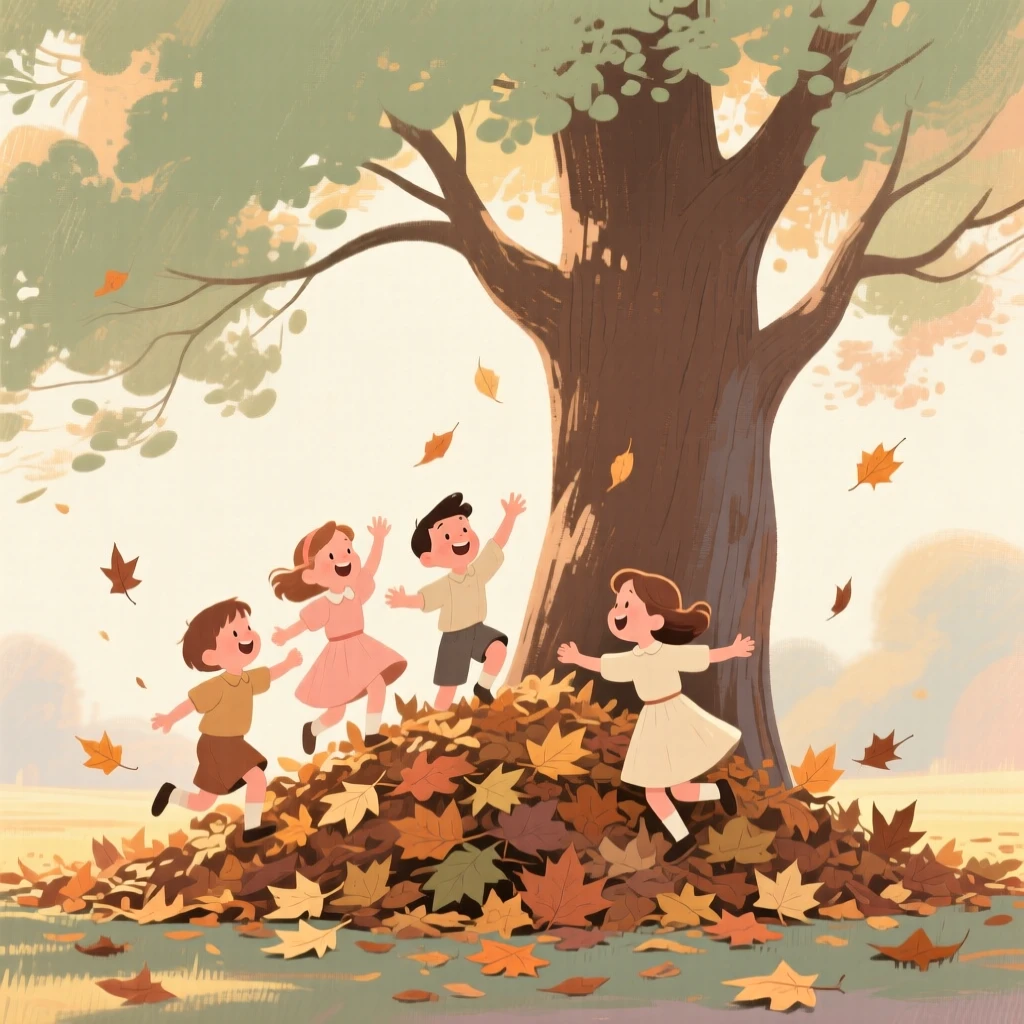 Children playing in autumn leaves piled beneath a large tree