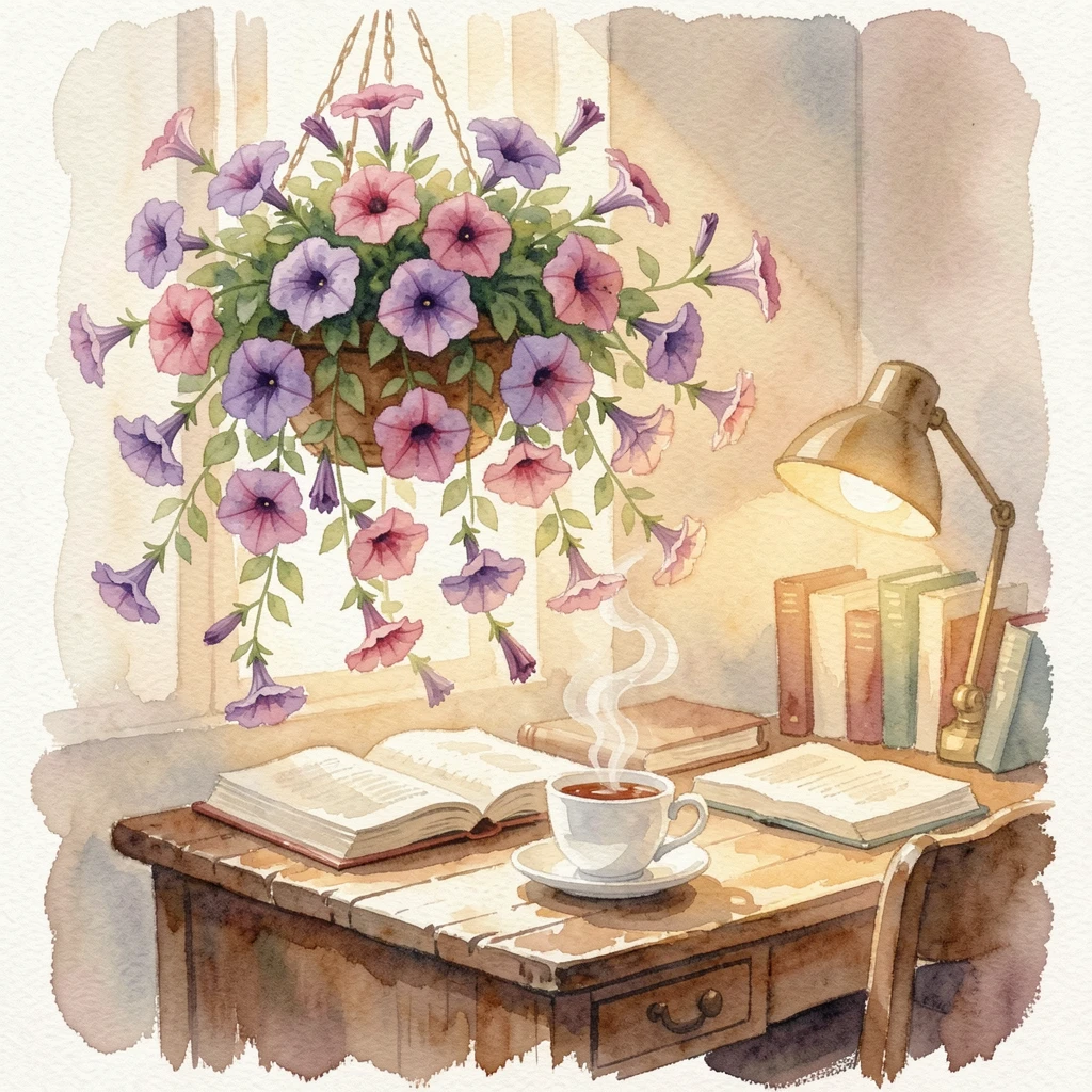 A hanging basket of trailing petunias in the corner of a cozy study beside a cup of tea.