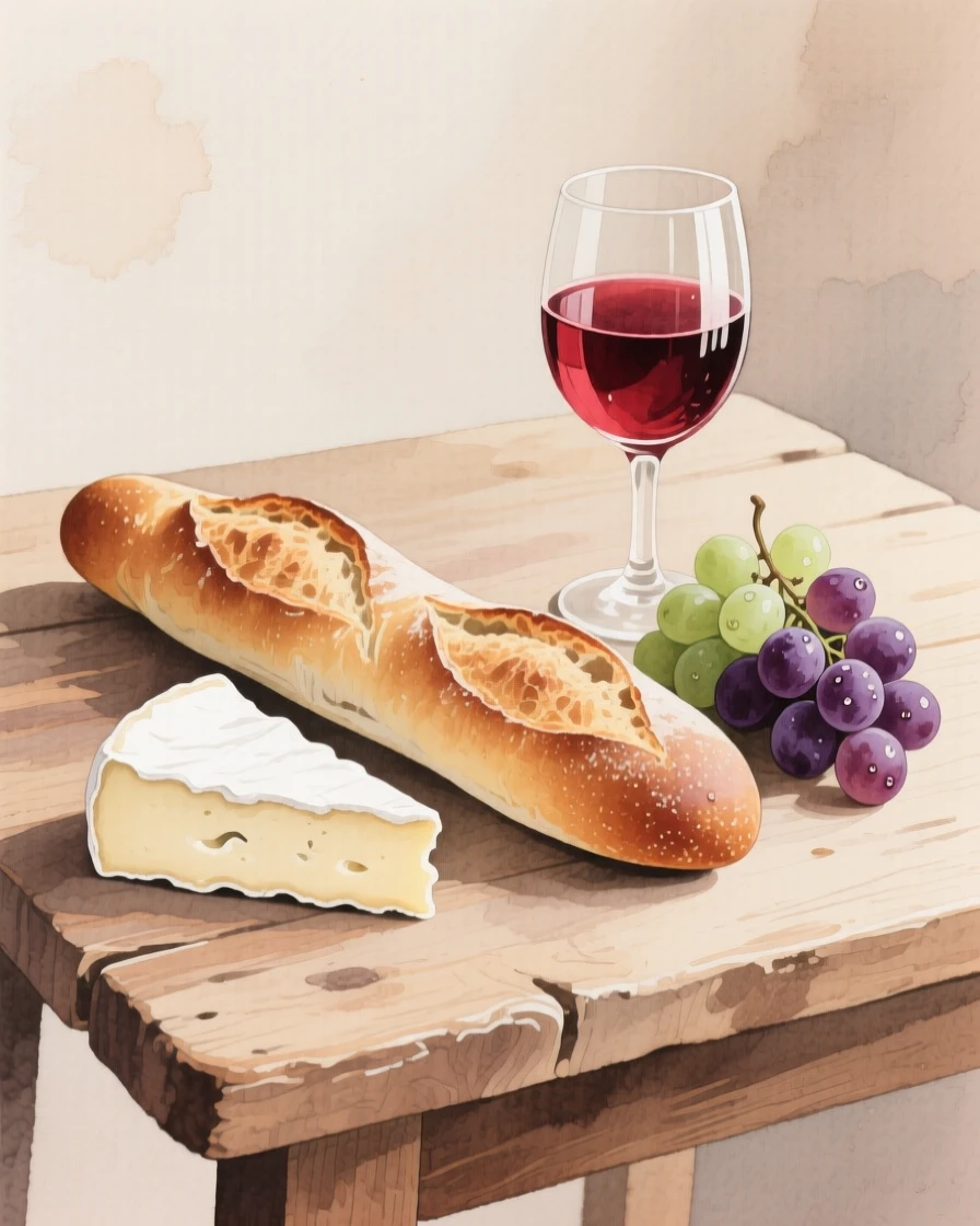 A rustic wooden table displays a fresh baguette, a wedge of brie, and a cluster of grapes beside a glass of red wine