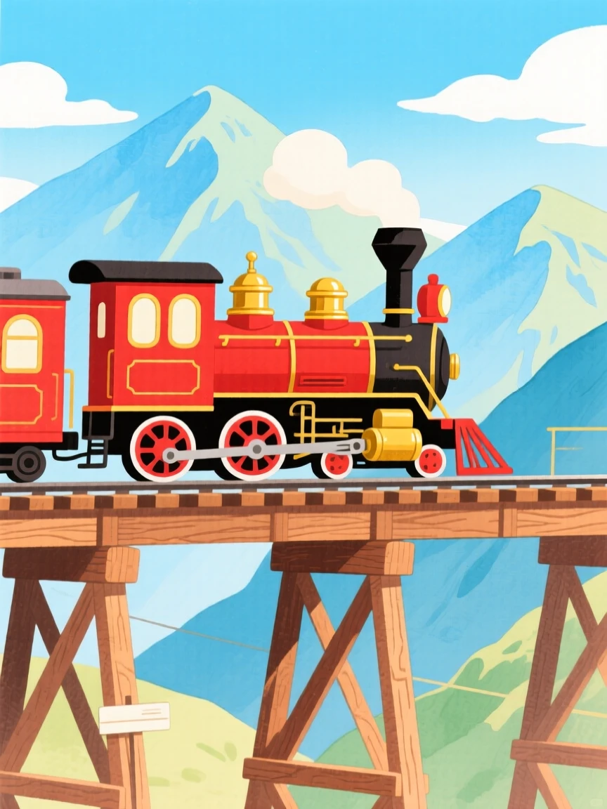 A picturesque view of a red vintage train crossing a mountain trestle.