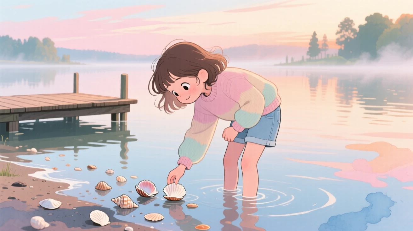 A shy young girl collecting seashells along the shoreline, in a lakeside dock at early morning, radiating sweetness and gentle curiosity.