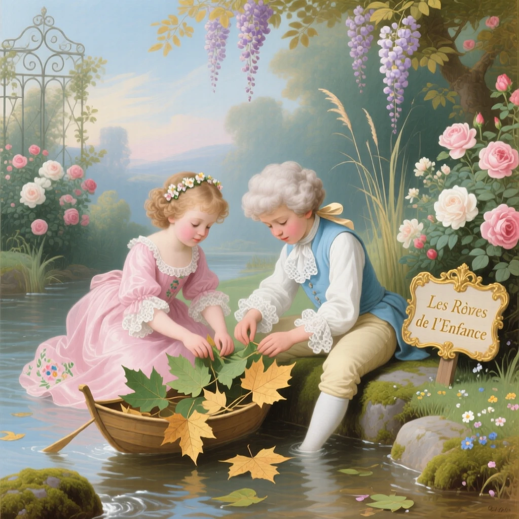 Children building a tiny boat from leaves beside a garden stream  