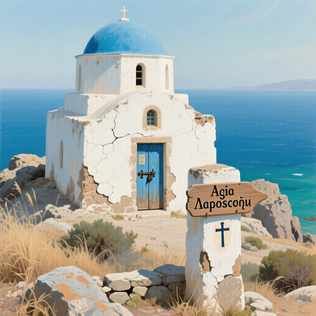 A quiet Greek island chapel with a blue dome overlooking the Aegean Sea, with centuries of history visible in every weathered detail, radiating the unique charm and grandeur of world architecture